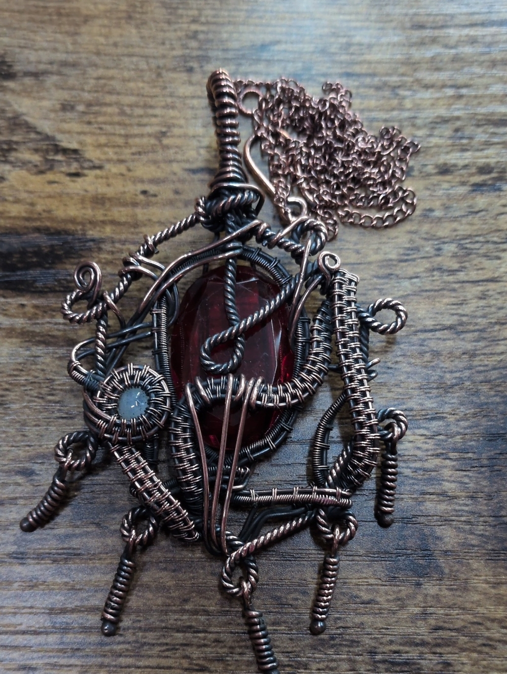 Handcrafted Copper Wire Wrap Necklace with Deep Red Flash Labradorite Stone
